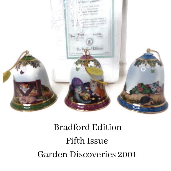 The Bradford Edition Garden Discoveries Cats Bell Ornaments Set Of 3 2526 - Picture 1 of 9